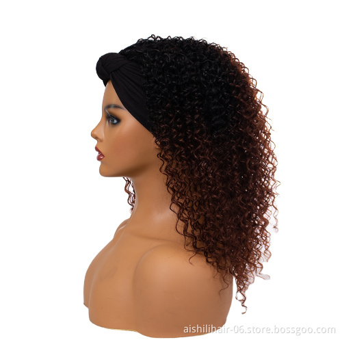 Wholesale Ombre Black To Dark Brown Synthetic Kinky Curly Hair Wigs With Headband For Women